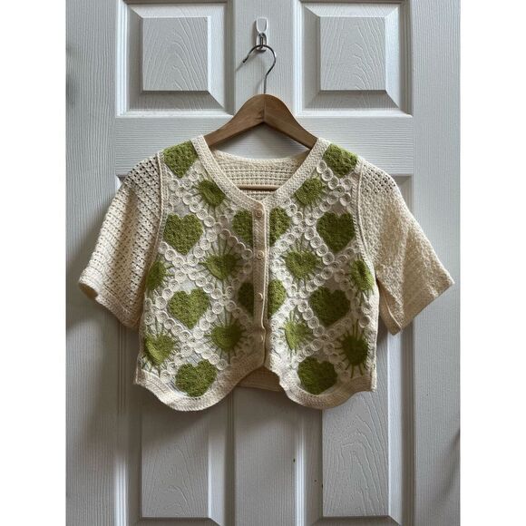 Crochet Knit Button Closure Short Sleeve Sweeter Top Size Small Boho - Picture 6 of 9